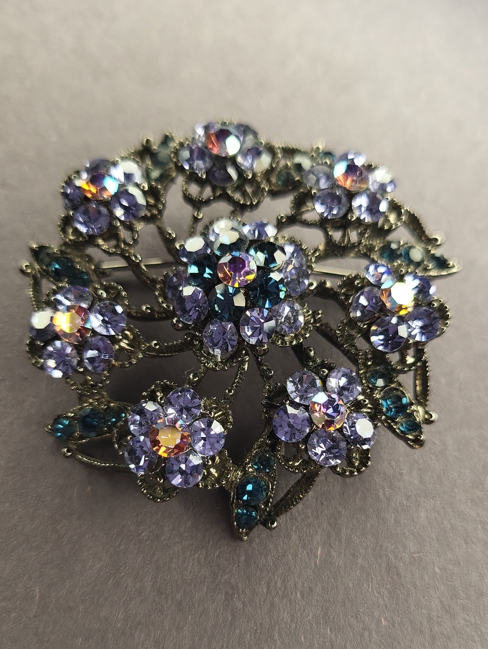 Floral Brooch with Purple and Blue Crystals